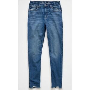 American Eagle Raw Hem Distressed Mom Jean, Size 18, Color Deep Sea Blue